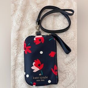 kate spade Navy Floral card case lanyard with Red & Pink Blooms